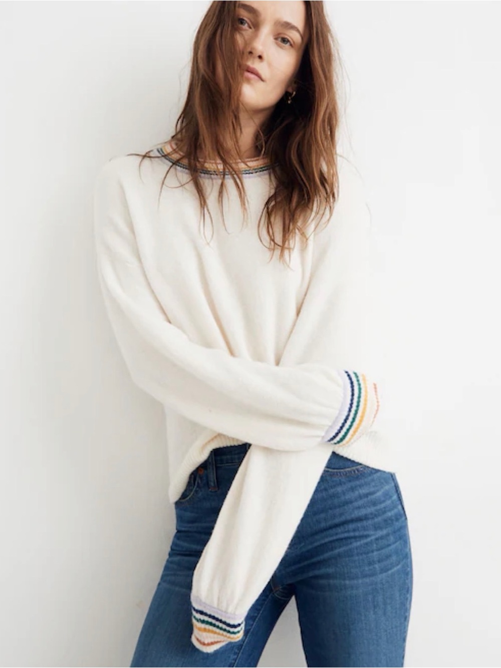 Madewell Rainbow-Trim Gladwell Balloon-Sleeve Pullover Sweater
